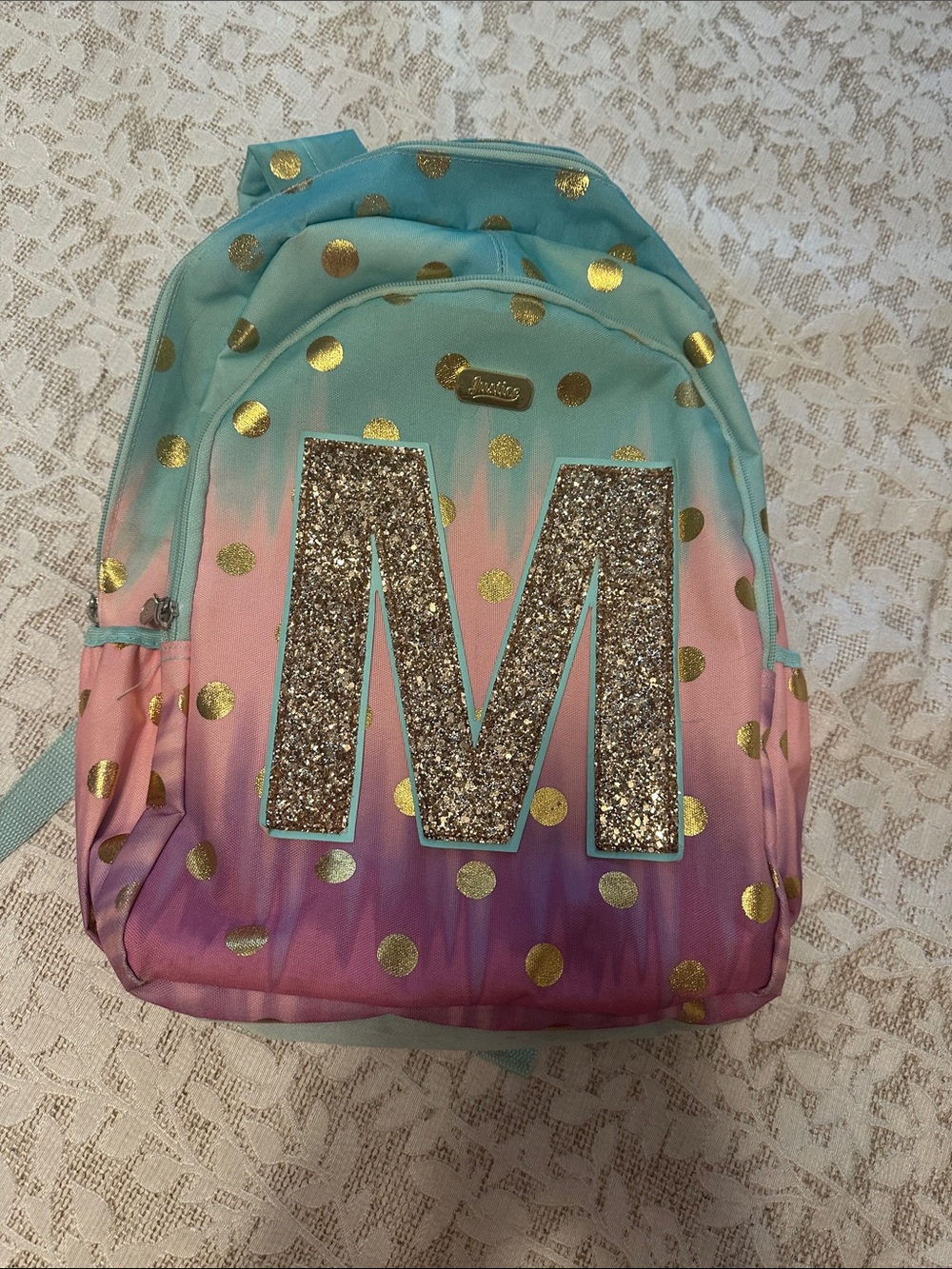 Justice Ombre Mint Pink Purple Backpack with Gold Dots and Glitter 'M'